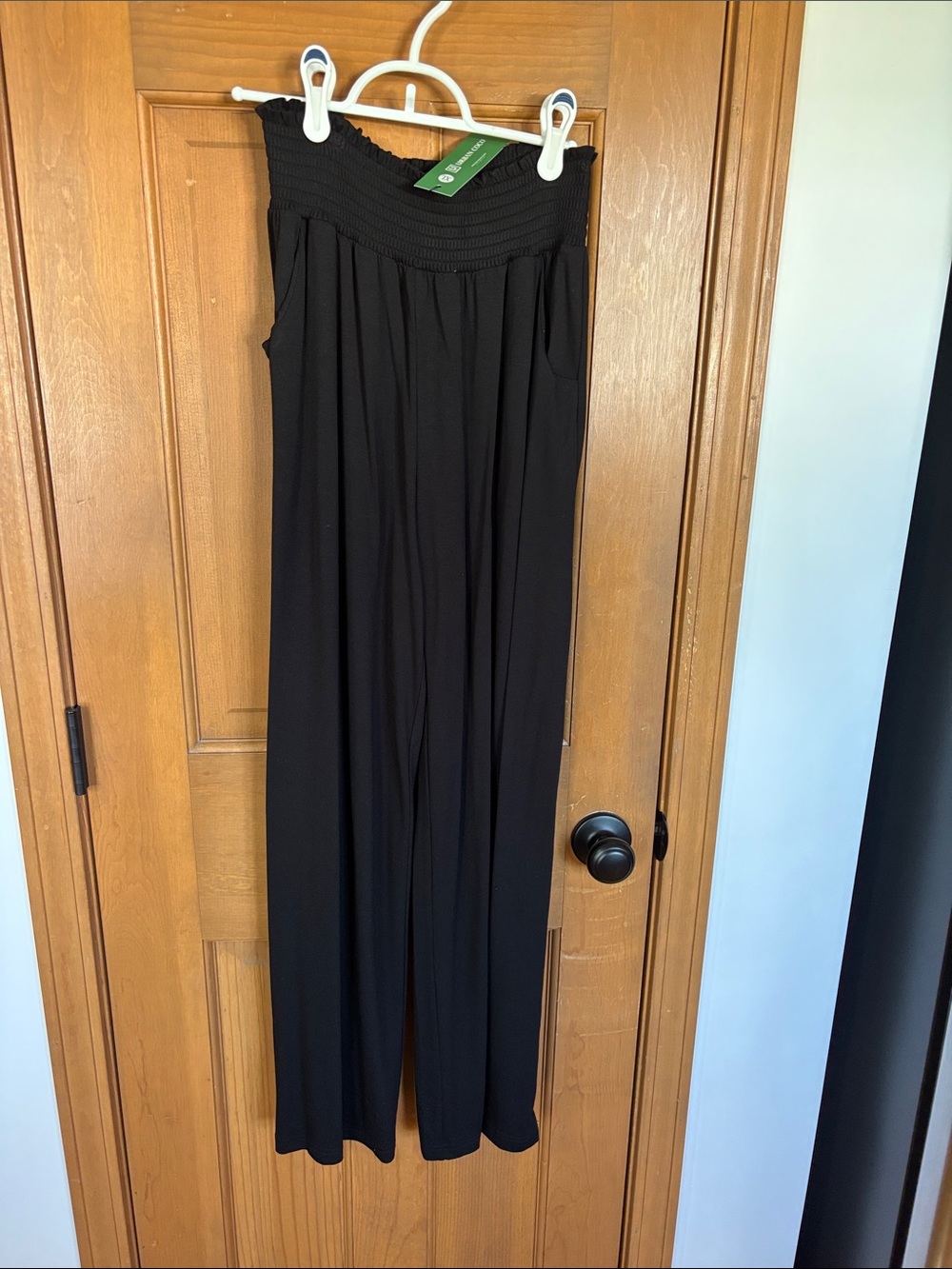 Smocked-Waist Wide Leg Pants in Black